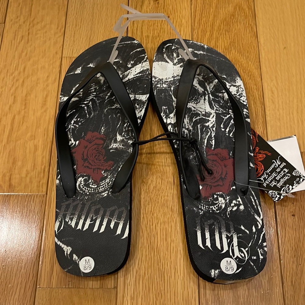 Miami Ink Men's Size 8 9 Elite Sandals Flip Flop Gray Black Mens Flip Flops NEW